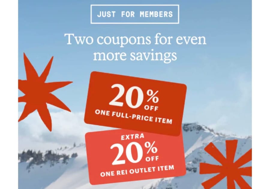 REI Holiday Sale member coupon graphic advertising 20% off one full-price item and an extra 20% off one REI Outlet item against a snowy mountain background.