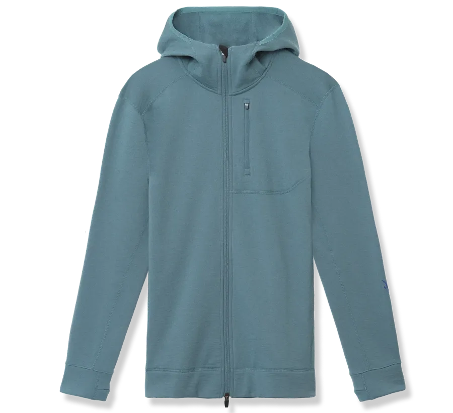 Blue Ibex Mammoth merino wool hoodie with full-length front zipper, adjustable hood, long sleeves, and vertical zippered chest pocket.