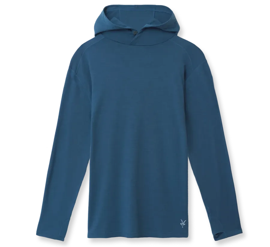 Blue Ibex Springbok merino wool sun hoodie with long sleeves, a three-panel hood, and a streamlined fit for hiking.