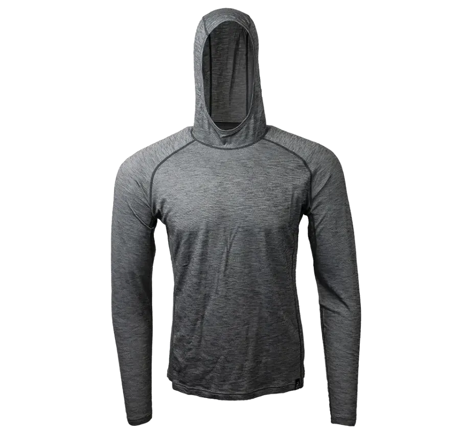 Gray Outdoor Vitals Tern Ultralight Merino Wool Hoodie with a fitted hood, raglan sleeves, and lightweight technical fabric.