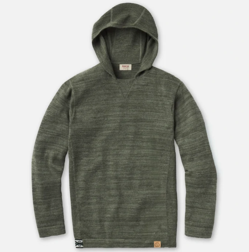 PAKA The Hoodie in heathered olive green, featuring a pullover design, long sleeves, and soft alpaca wool blend fabric.