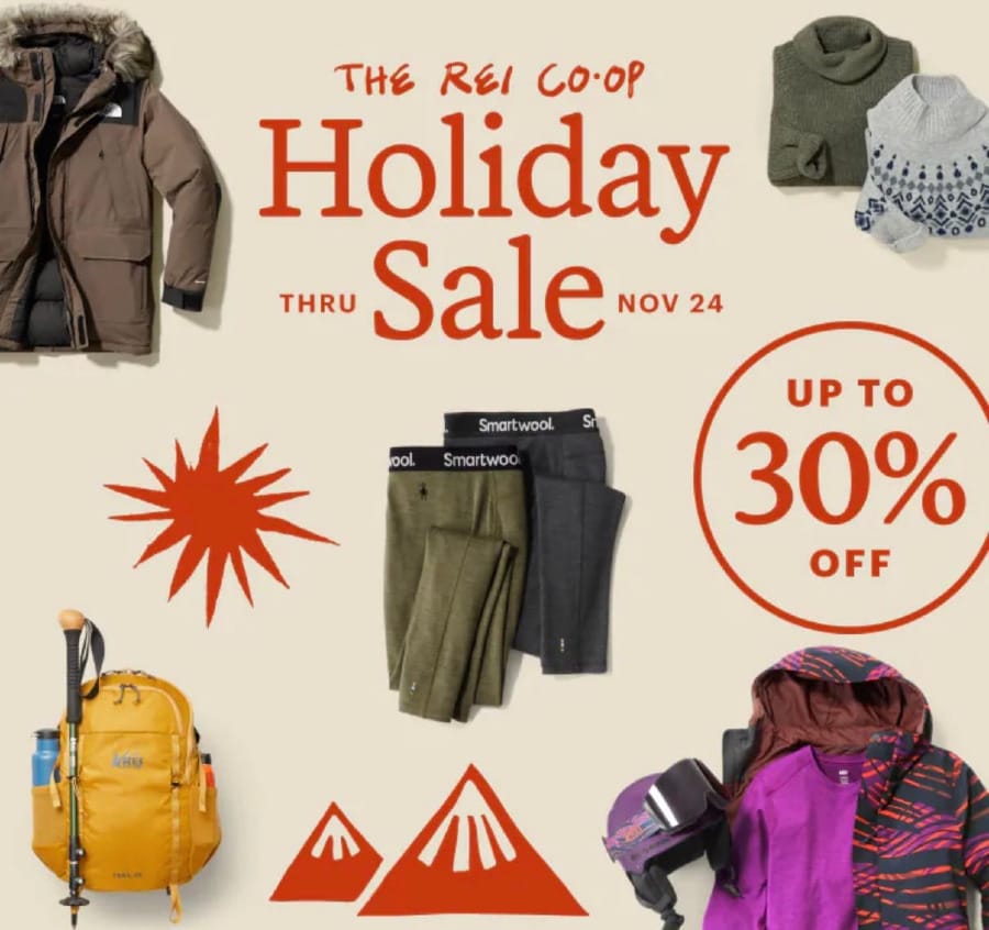 REI Co-op Holiday Sale promotional graphic featuring winter jackets, Smartwool base layers, an REI hiking backpack, colorful outdoor apparel, and up to 30% off select gear.