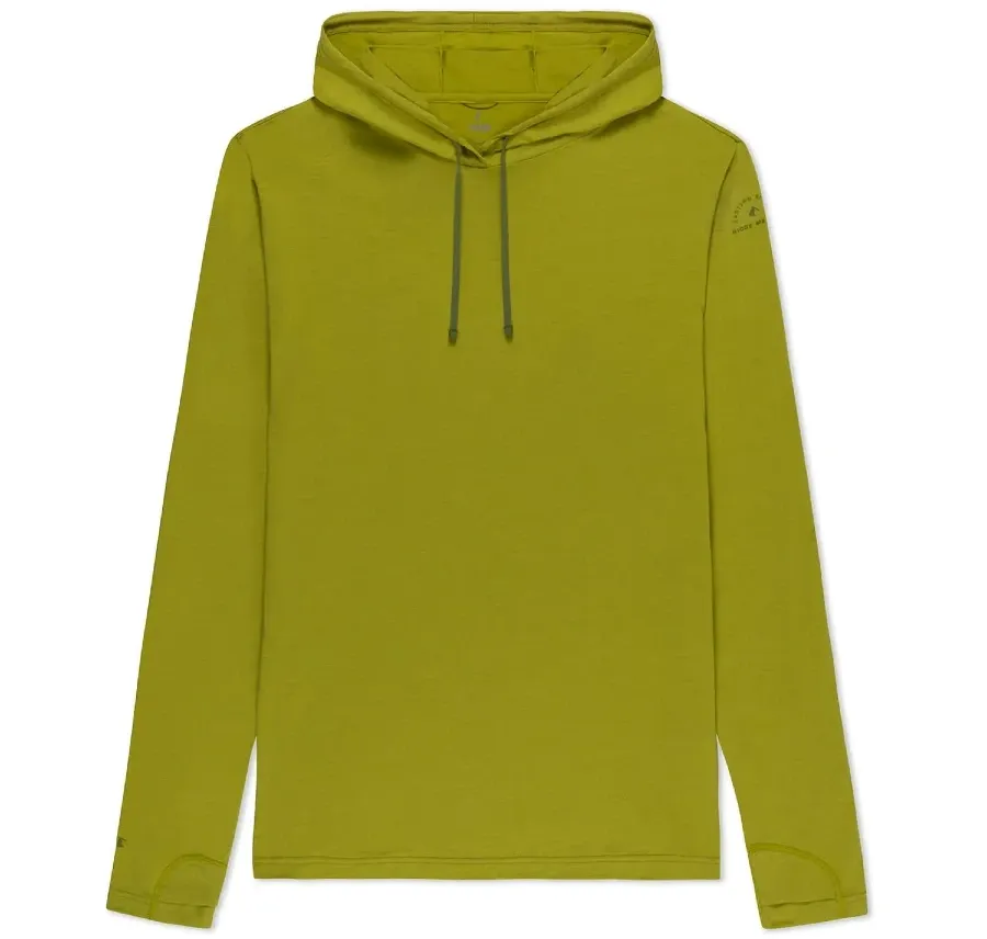 Chartreuse green Ridge Merino Solstice Lightweight Hoodie with long sleeves, thumbholes, drawstring hood, and merino wool blend fabric.