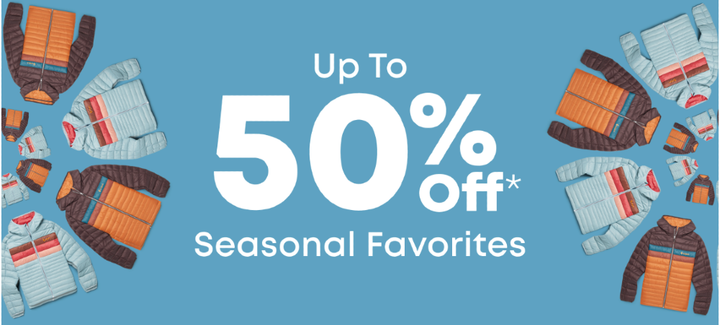 a sale banner for the cotopaxi winter sale where you can save up to 50% off of outdoor gear that is sustainable