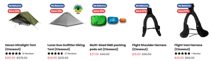 Ultralight backpack and gear from Six Moon Designs on a trail during their warehouse sale event