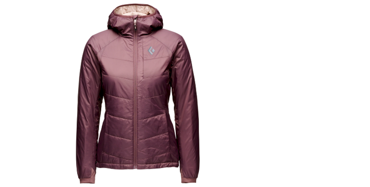  Front view of the Black Diamond Solution 1.0 women’s synthetic insulated jacket in plum color with hood and zippered front.