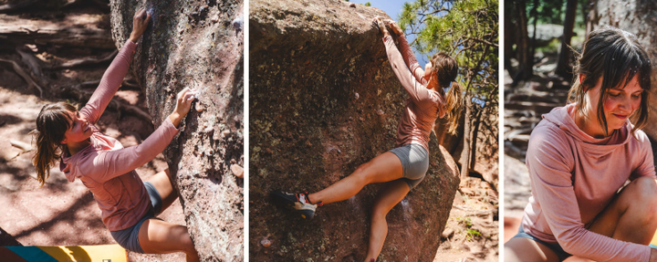  Three-panel collage of a woman bouldering and relaxing outdoors while wearing the PAKA SOL Hoodie in a light rose color, highlighting its performance and comfort in active settings.