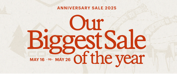 Banner with camp logo for REI gear, promoting 2025 Anniversary Sale discounts