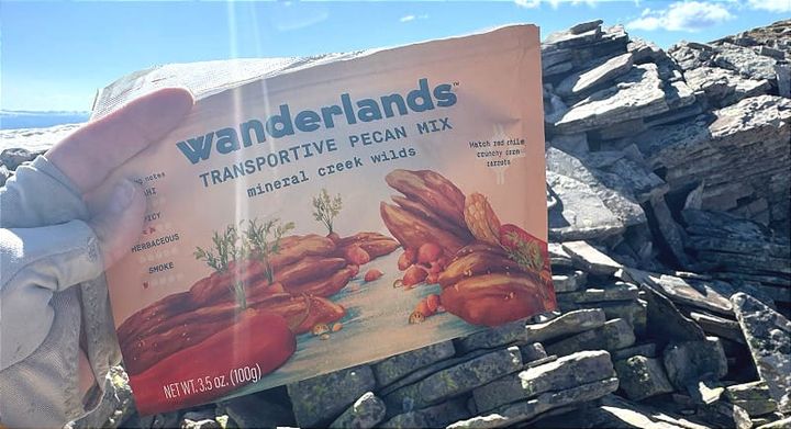  Hand holding a Wanderlands Transporative Pecan Mix “Mineral Creek Wilds” flavor with rocky alpine terrain and bright blue sky in the background.