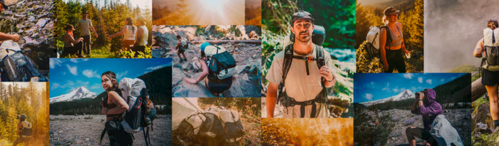  Collage of outdoor adventurers using Hyperlite Mountain Gear's new Dyneema® Woven Composite backpacks while hiking through forests, mountains, and alpine terrain.