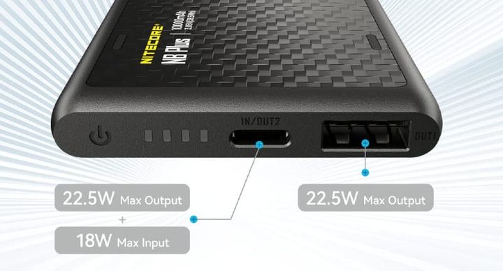  NITECORE NB Plus 10000mAh ultralight waterproof power bank with carbon fiber frame, designed for fast charging on outdoor adventures.