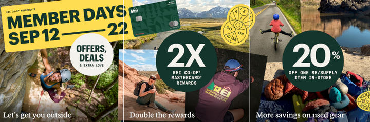 REI Member Days 2025 promotional banner showing September 12–22 sale dates with offers including 2X Mastercard rewards, 20% off Re/Supply used gear