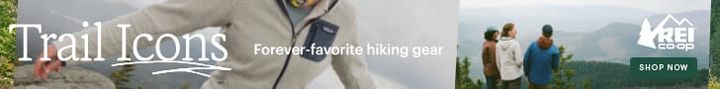 REI Trail Icons banner showing hikers overlooking a mountain valley.
