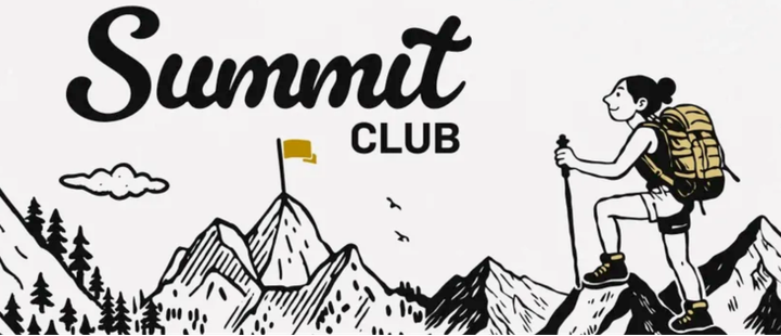 Illustration of a hiker on a mountain peak next to the Summit Club logo.