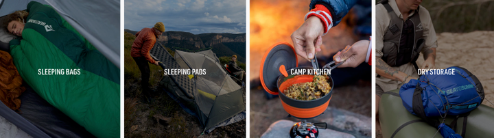 Sea to Summit camping and travel gear flatlay including sleeping mat, cookware, and dry bags, showcasing the 2025 December Sale with 30% off sitewide and 40% off tents.
