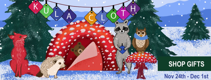 Colorful Kula Cloth products displayed outdoors, highlighting the brand’s 20–40% off sitewide holiday sale and limited-edition freebies.