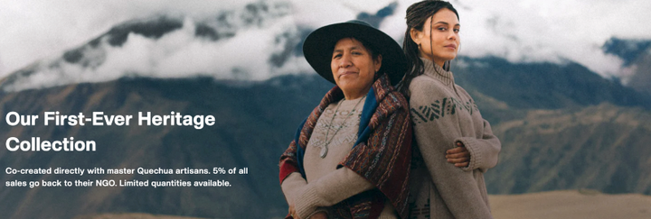 Model and artisan wearing PAKA Heritage Collection alpaca sweater outdoors in the Andes, showcasing handcrafted sustainable alpaca wool apparel designed for warmth and comfort.