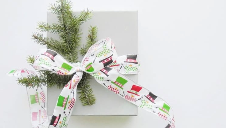 Holiday gift box wrapped with festive ribbon and evergreen sprigs, perfect for outdoor and hiking gift inspiration.