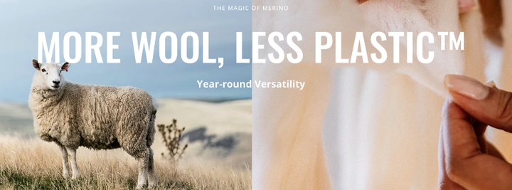 Merino sheep and soft wool fibers highlighting Woolly Clothing’s “More Wool, Less Plastic” sustainable message.