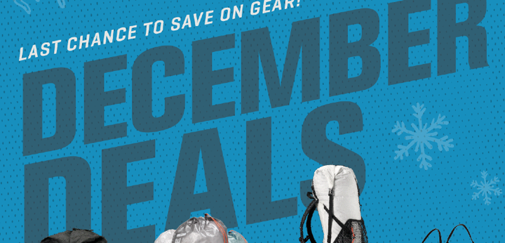 Hyperlite Mountain Gear backpack and ultralight campsite setup displayed outdoors, promoting the 2025 Winter Sale with rotating deals released every 48 hours.