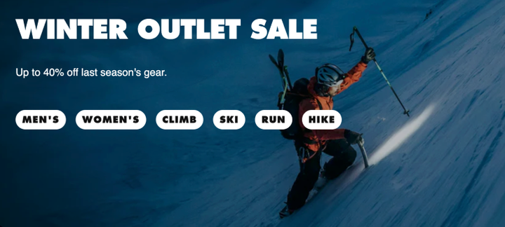 Black Diamond outdoor gear featured during the New Year Outlet Sale with climbing, hiking, and winter equipment discounted up to 40 percent through January 31st