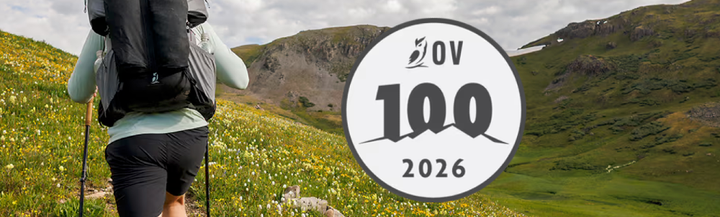 the logo for outdoor vitals 100 mile challenge 2026, with a backpacker hiking in the san juan mountains alpine.