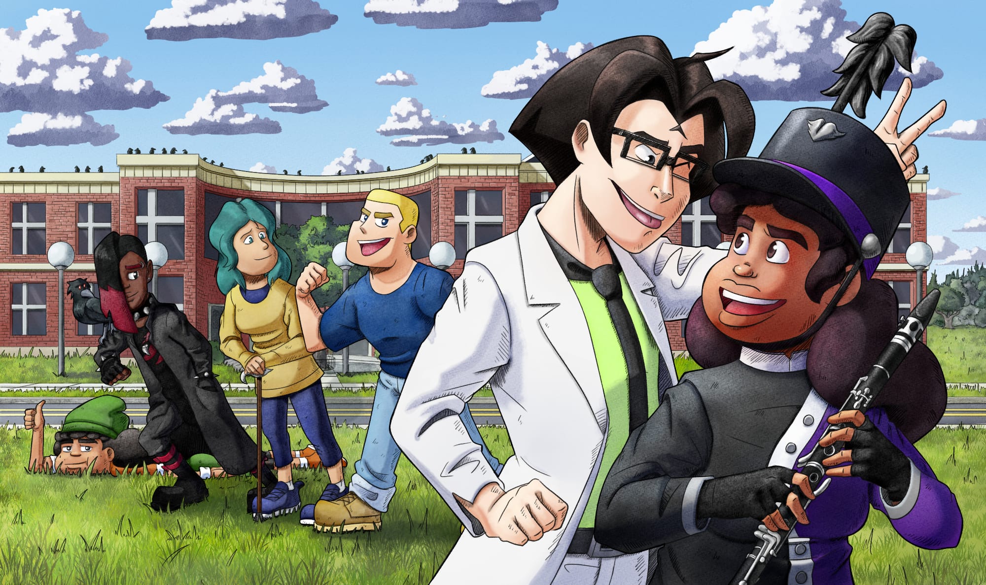 Illustration of Friendlydale characters standing in front of Friendlydale High School. From left to right: Bridge, Terrance, Reina, Chad, CJ and Latoya.