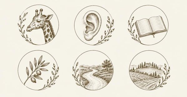 Sei medaglioni con giraffa, orecchio, libro, ramoscello, sentiero e paesaggio collinare nella CNV