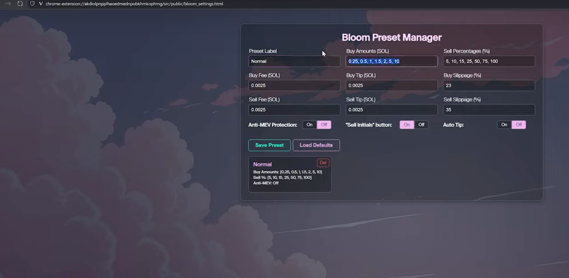 BloomBot sniping bot parameters dashboard