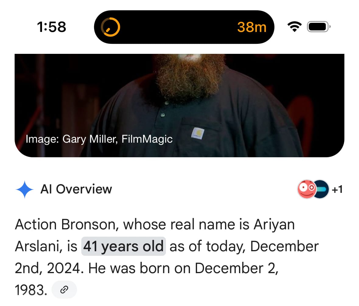 Text of AI Overview: Action Bronson, whose real name is Ariyan Arslani, is 41 years old as of today, December 2nd, 2024. He was born on December 2, 1983.