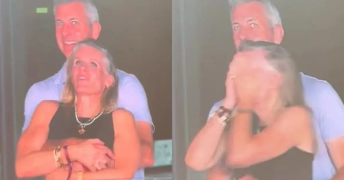 Two frames of the viral Coldplay cheating couple. One in which they seem stunned to see themselves on camera, and one where the woman is covering her eyes and the man's eyes are shocked.