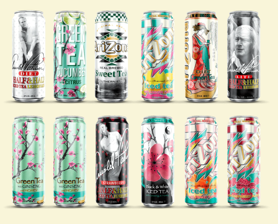 Twelve various cans of Arizona Iced Tea.