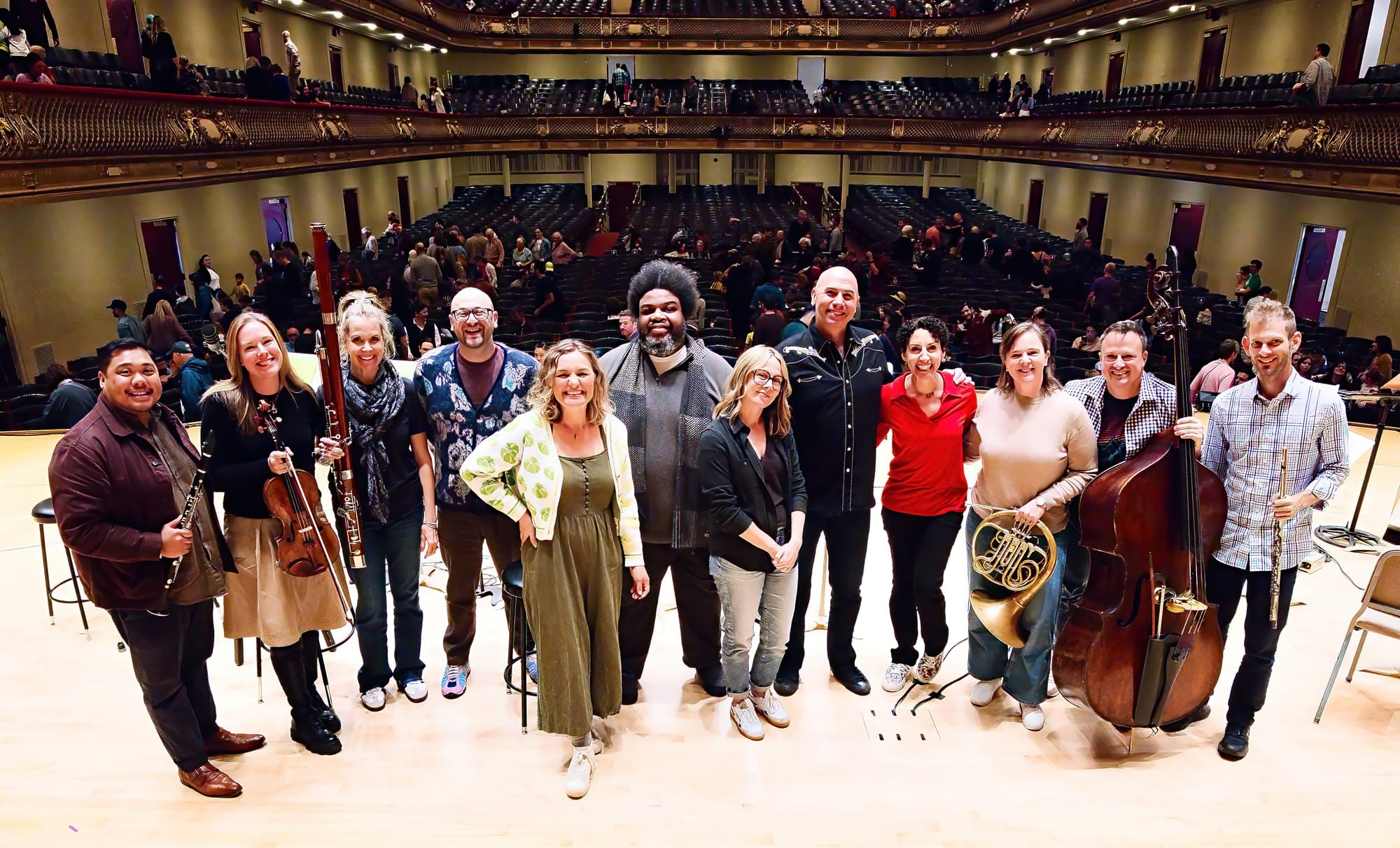 Actors and musicians onstage at Symphony Hall in Boston after performing two new Circle Round episodes.