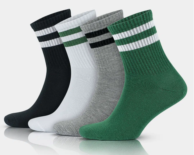Four athletic crew socks with stripes. Various colors, nothing exciting.