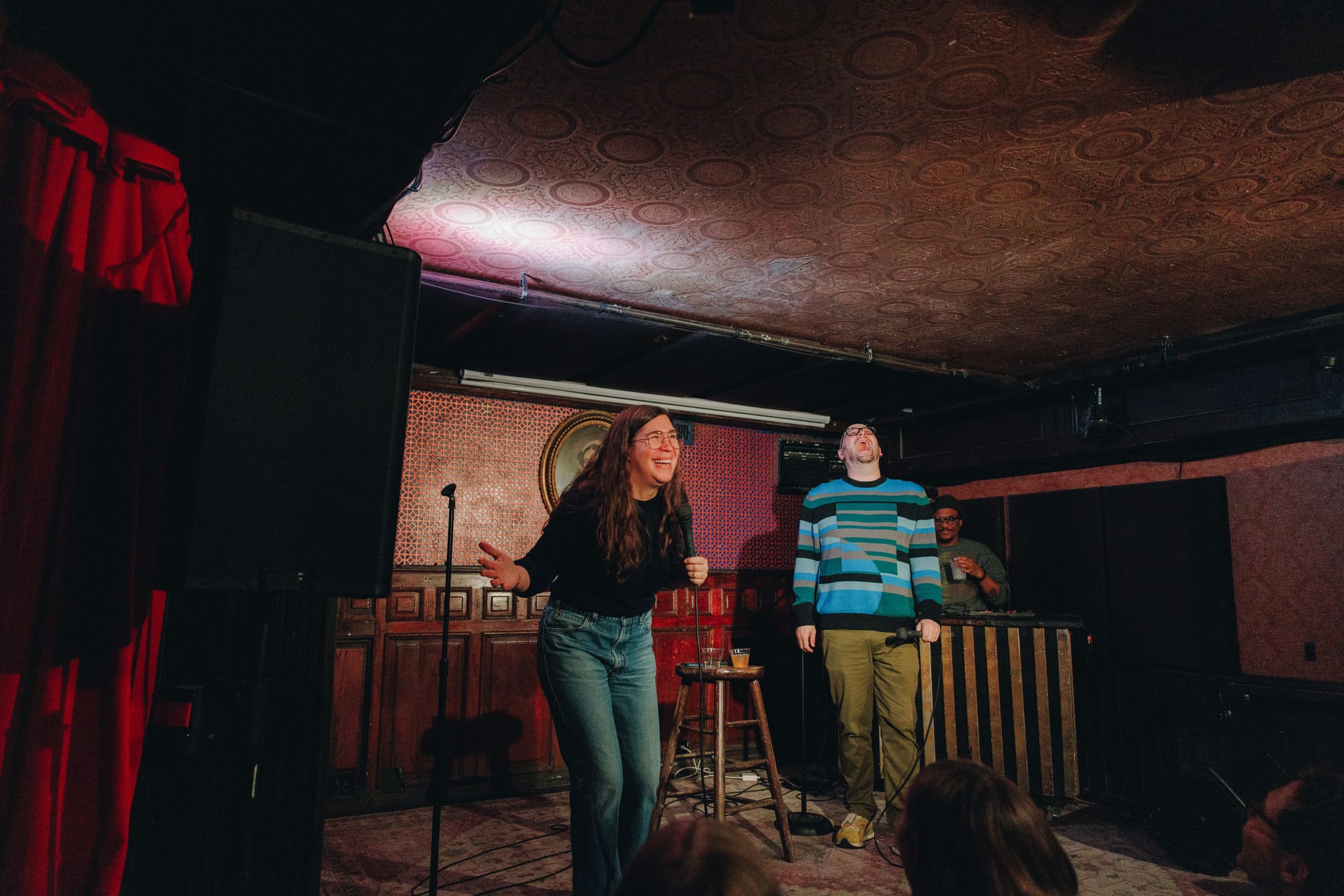 Me and Alison and Donwill on stage at Union Hall. Alison is smiling. I am...shouting? Laughing?