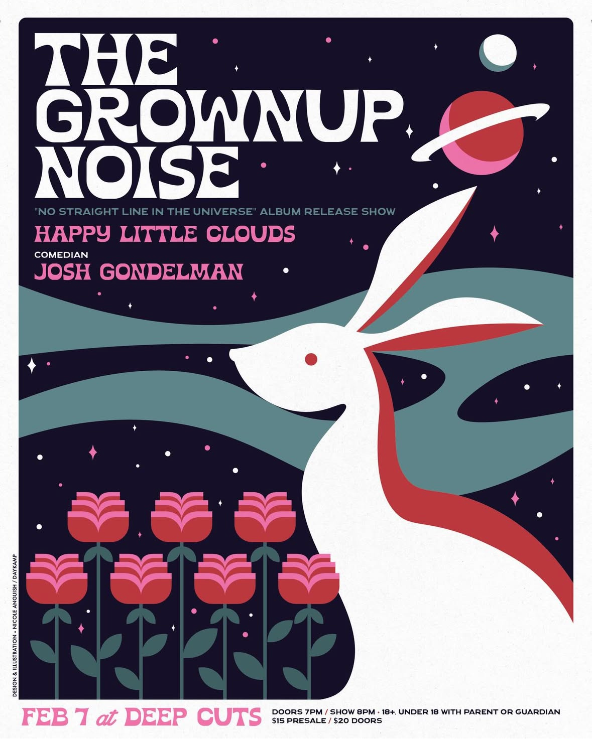 Poster for the 2/7 Grownup Noise show featuring me and the Happy Little Clouds.