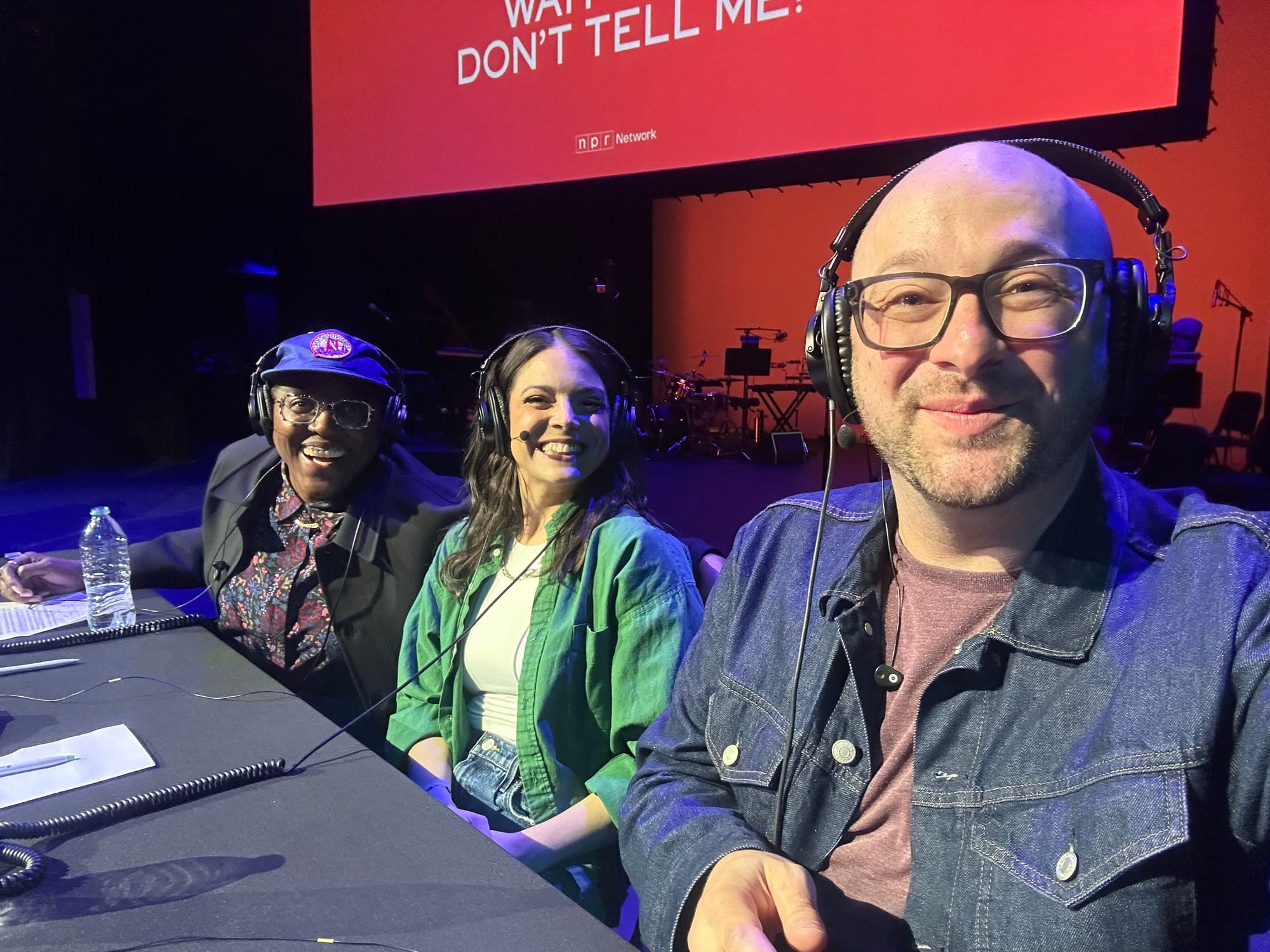 Shantira, Katie, and Me sitting at the panelist table at our wait wait taping last week.