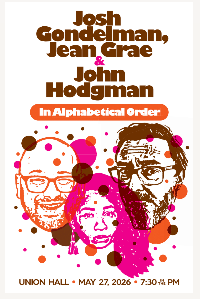 poster for our 5/25 show at union hall featuring wood cut style prints of me, jean, and john