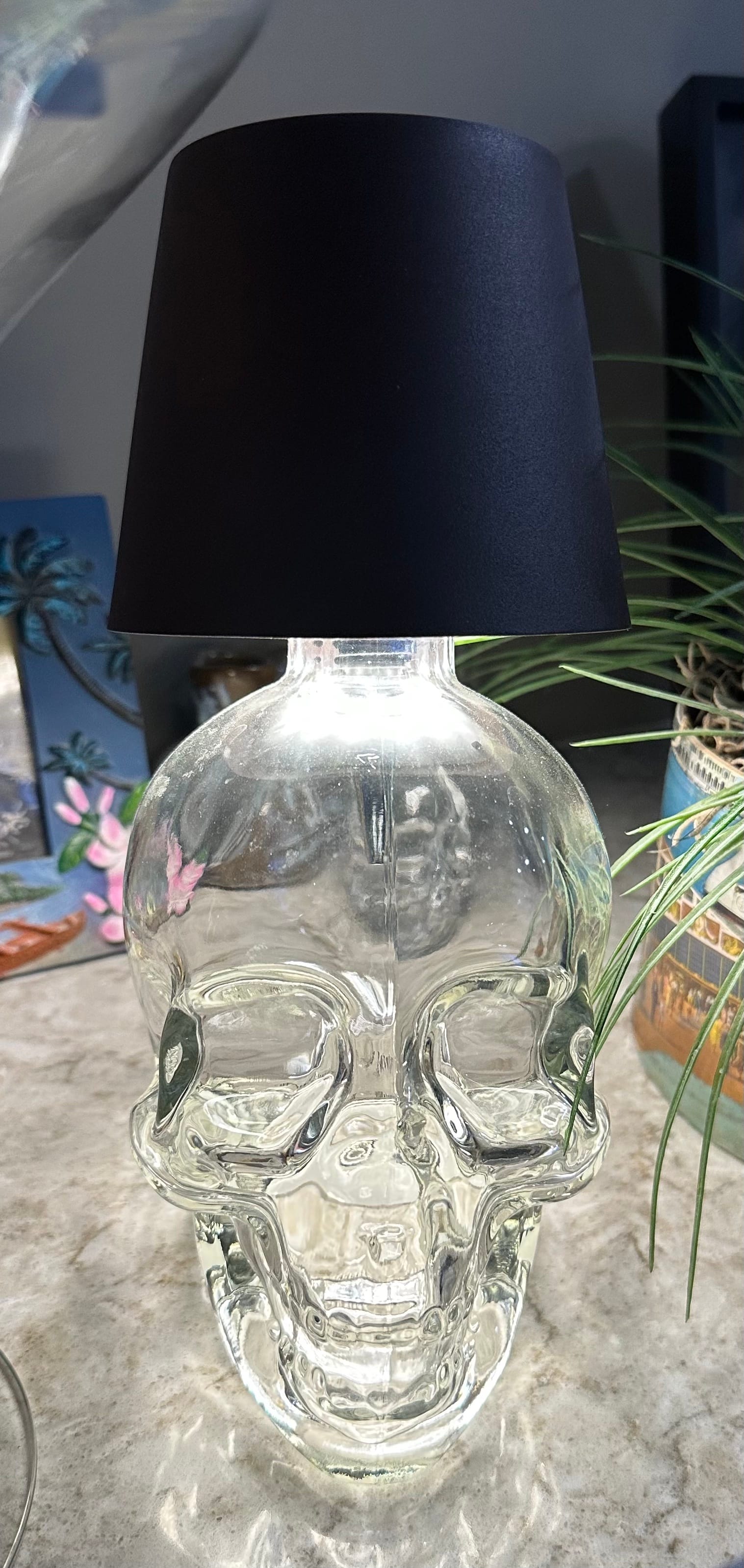 A crystal skull with a lightbulb in it.