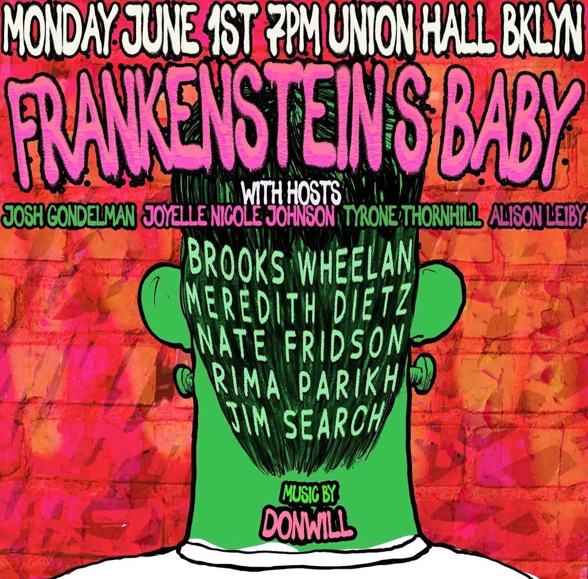 Frankenbaby lineup including: Brooks Wheelan, Meredith Dietz, Nate Fridson, Rima Parikh, Jim Search
