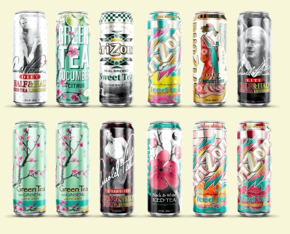 A dozen cans of Arizona iced tea, various flavors.