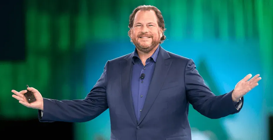Salesforce CEO Marc Benioff looking extremely CEO-ish in a navy suit and blue shirt.