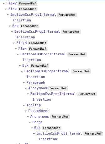 The React DevTools displaying many internal Emotion components