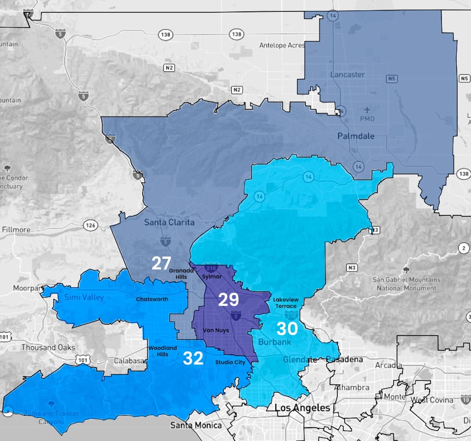 map showing congressional districts 27, 29, 30, and 32