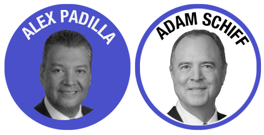 Alex Padilla and Adam Schiff shown in the style of old campaign buttons