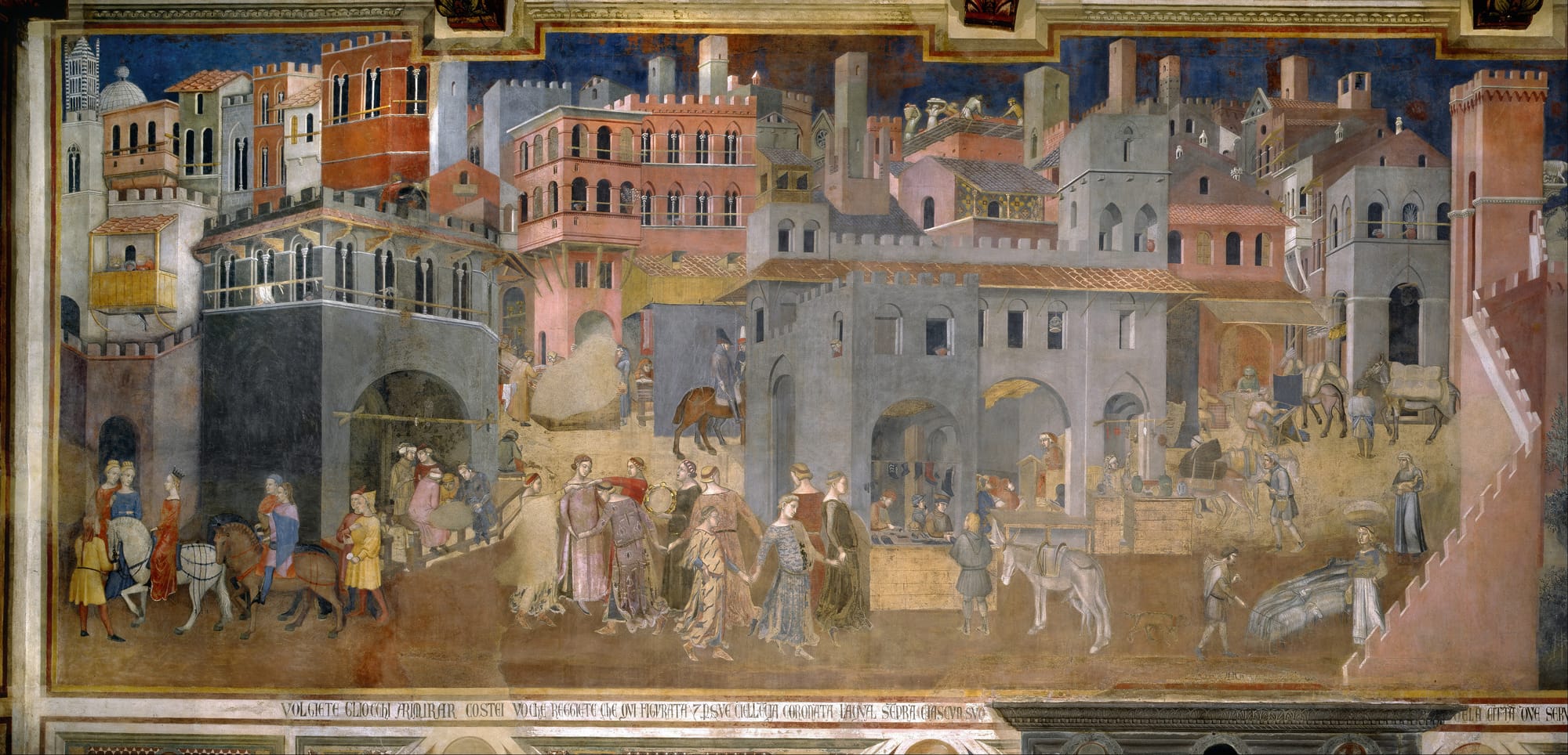 Detail of Ambrogio Lorenzetti's fresco showing a thriving medieval city with citizens dancing, merchants trading in open shops, and masons working on buildings.