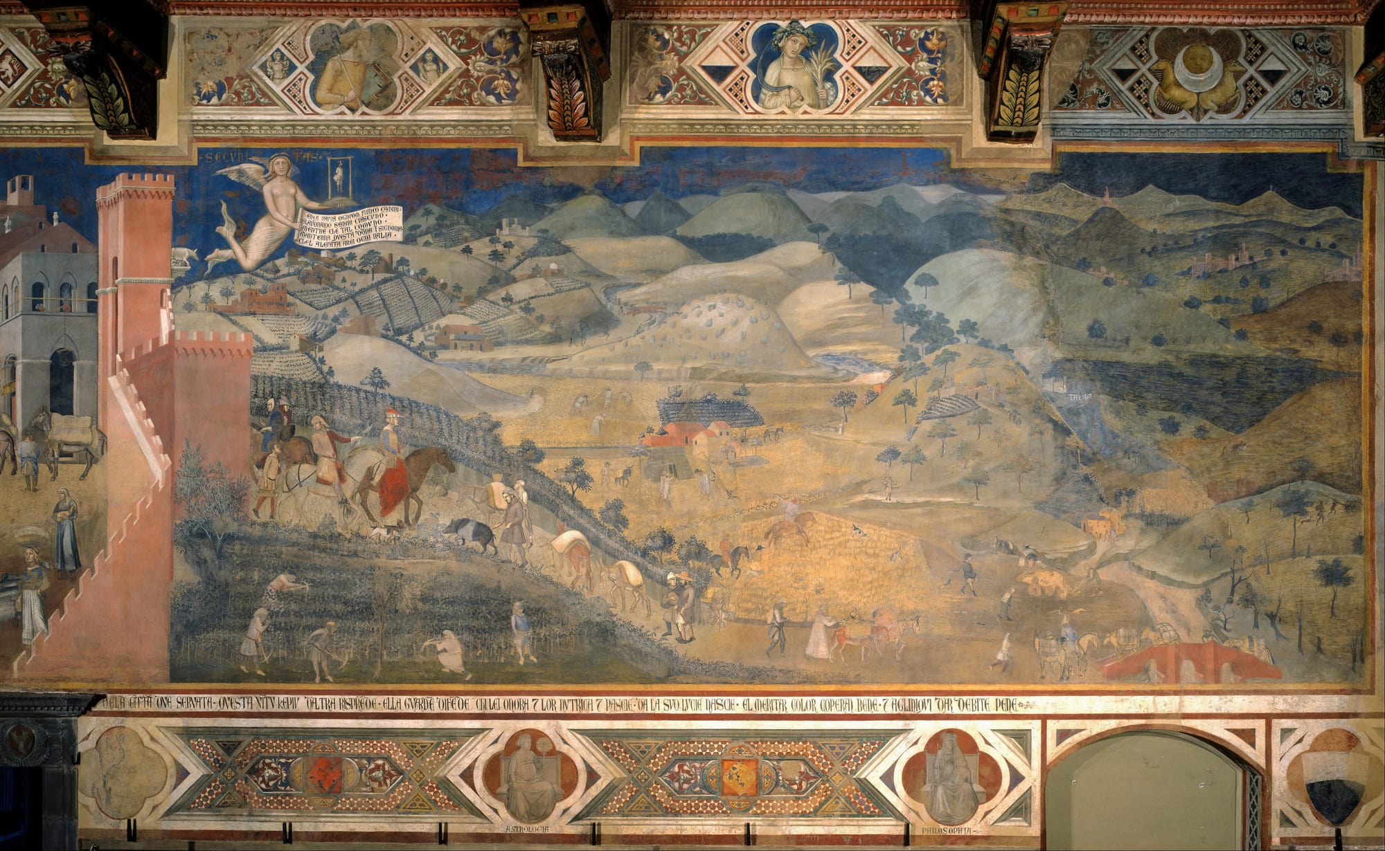 Detail of Ambrogio Lorenzetti's fresco showing a peaceful medieval landscape with farmers harvesting wheat, peasants driving livestock, and nobles riding horses through cultivated hills.