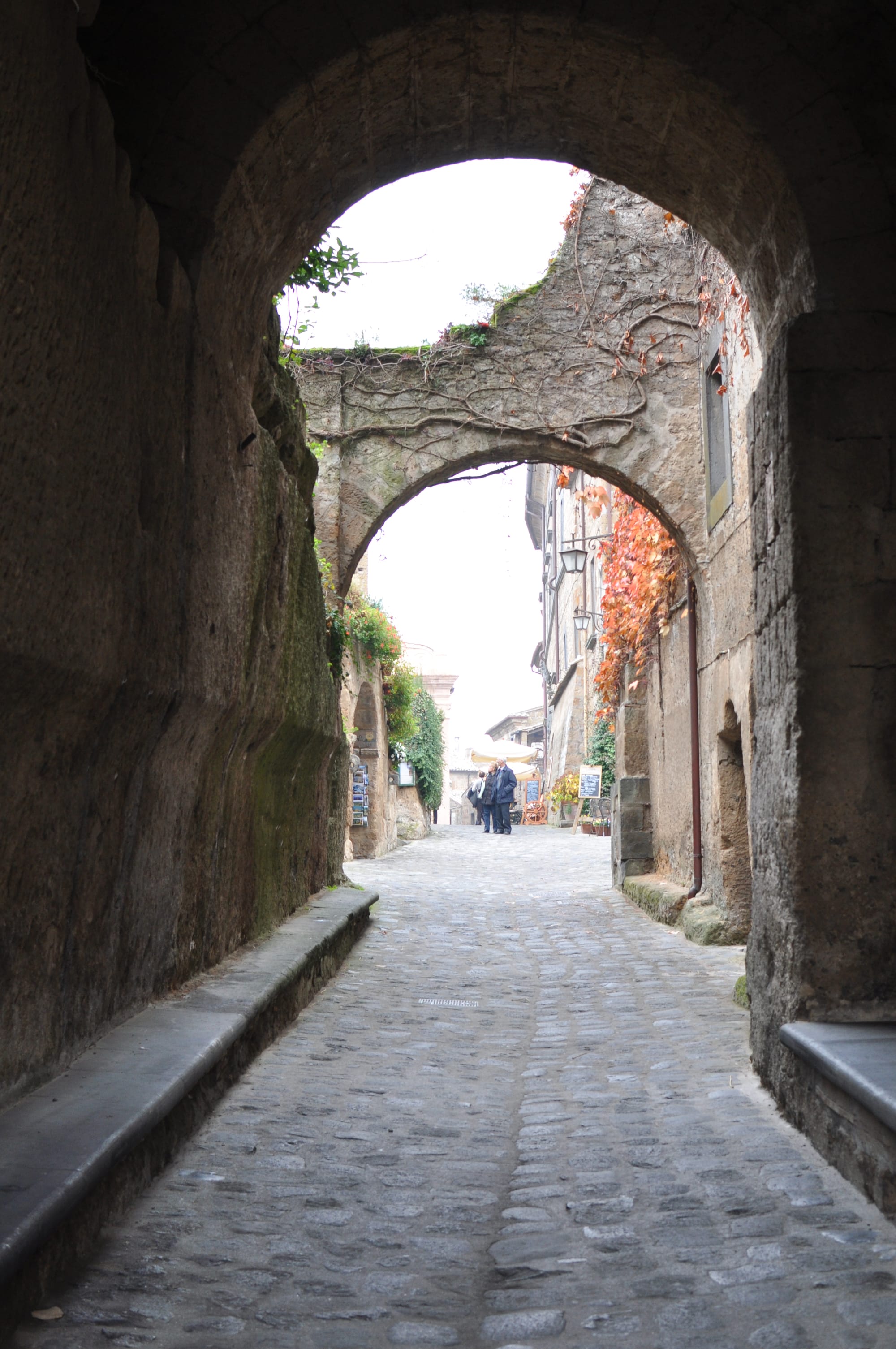 View looking through a massive stone archway onto a narrow cobblestone street where distant visitors walk past historic walls clad in orange autumn leaves.