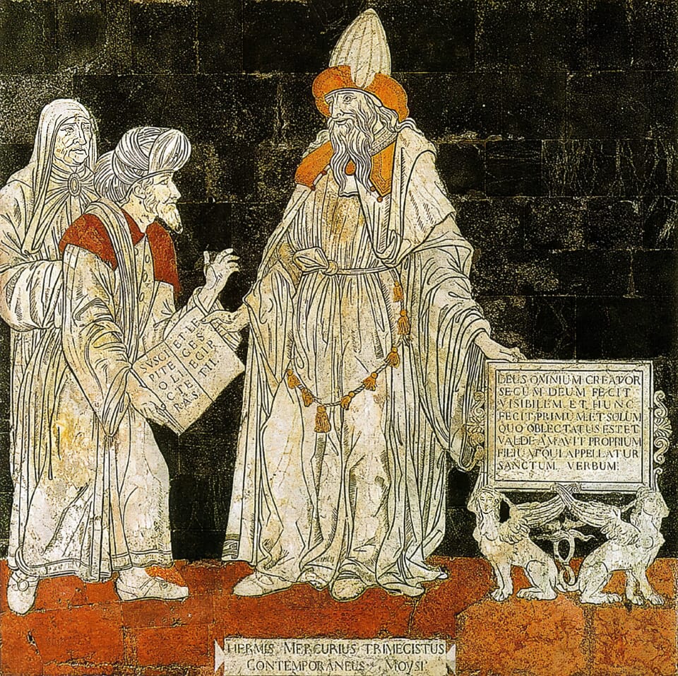 Close-up of the inlaid marble mosaic floor inside the Siena Cathedral depicting Hermes Trismegistus with a visible Latin inscription.