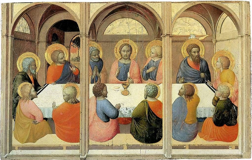 A detailed view of Sassetta's 1426 painting of the Last Supper, showing Jesus and the disciples in a structured, symmetrical interior with volumetric figures and gold-ground accents, from the Arte della Lana Polyptych in the Pinacoteca Nazionale di Siena.
